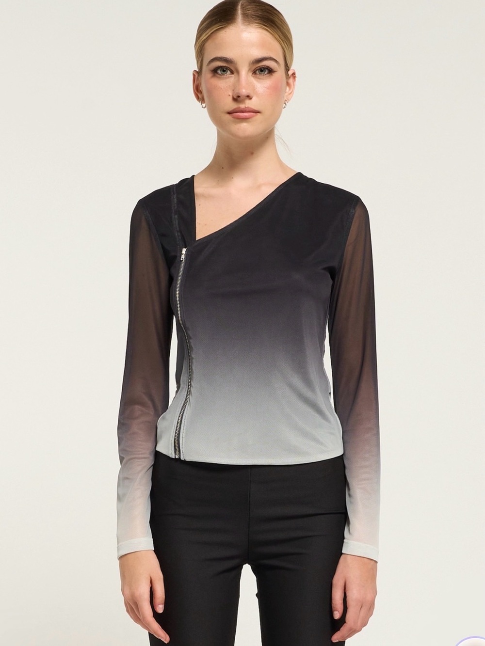 Hosbjerg Asymmetric Zip Ombre Long-Sleeve Top in Black to Light Gray